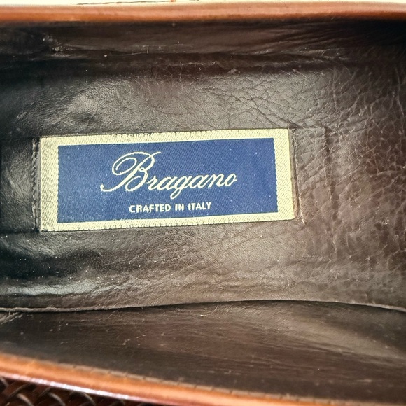 Bragano Mens Leather Woven Slip On Loafers Brown Weave Italy Rubber Sole Sz 9.5 - Picture 2 of 7